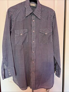 SHEPLERS Men's Blue Gingham Western Button-Down Shirt Size Large